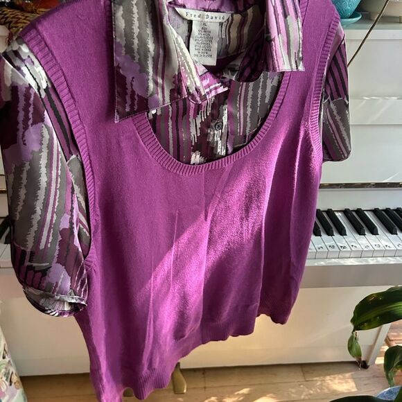 Fred David Sweater Top Womens Size XL Purple Multi Striped Layered Look Collared - Picture 11 of 14